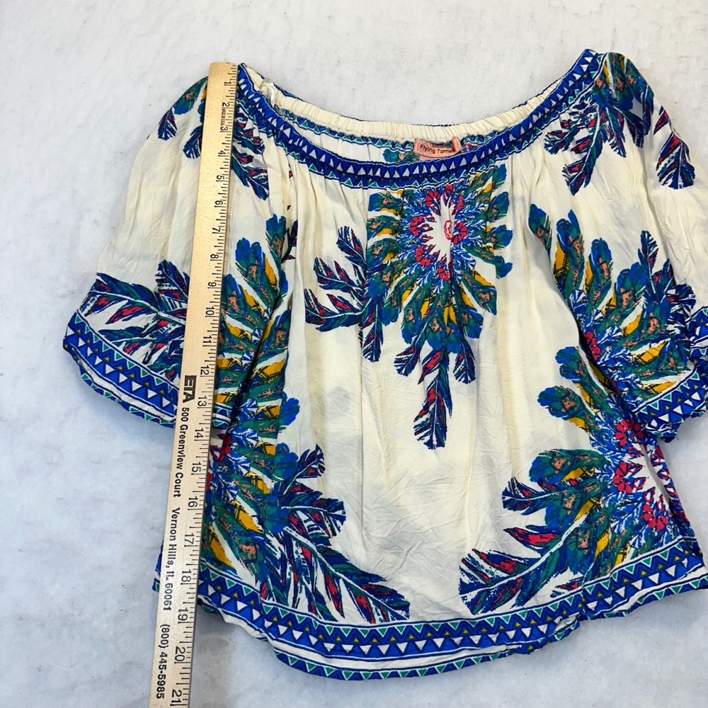 Flying Tomato Blouse Womens Small Cream Blue Feather Boho Festival IT10247-TJ - Picture 2 of 6
